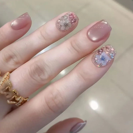 24pcs Flower Glitter Full Cover Nail Tips Sweet Cat's Eye Short Square Press on Fake Nails Sets Wearable Pink Ballet False Nail