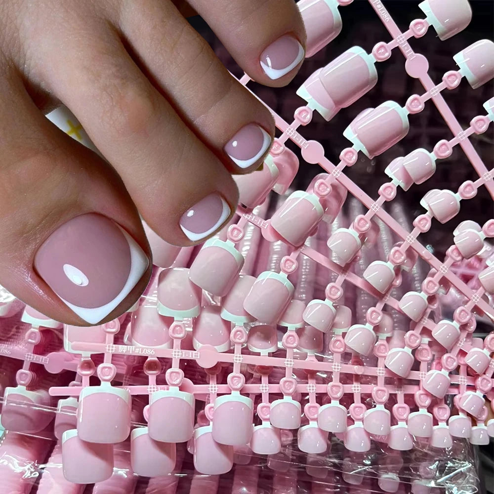 120pcs Pink/Naked French Fake Press On Toenails Shiny Glossy Short Square Full Cover Toenail Flake Kawaii Summer Women Toot Tips