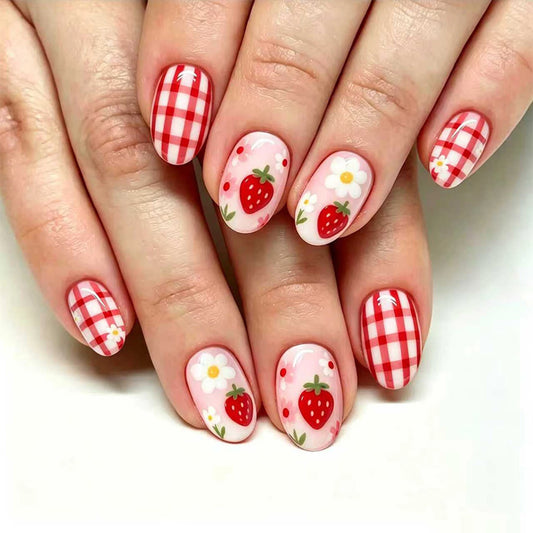 24pcs Red/White Plaid Press On Nails Sweet Strawberry Flower Printed False Nails Glossy Short Almond Detachable Fake Nail Tips
