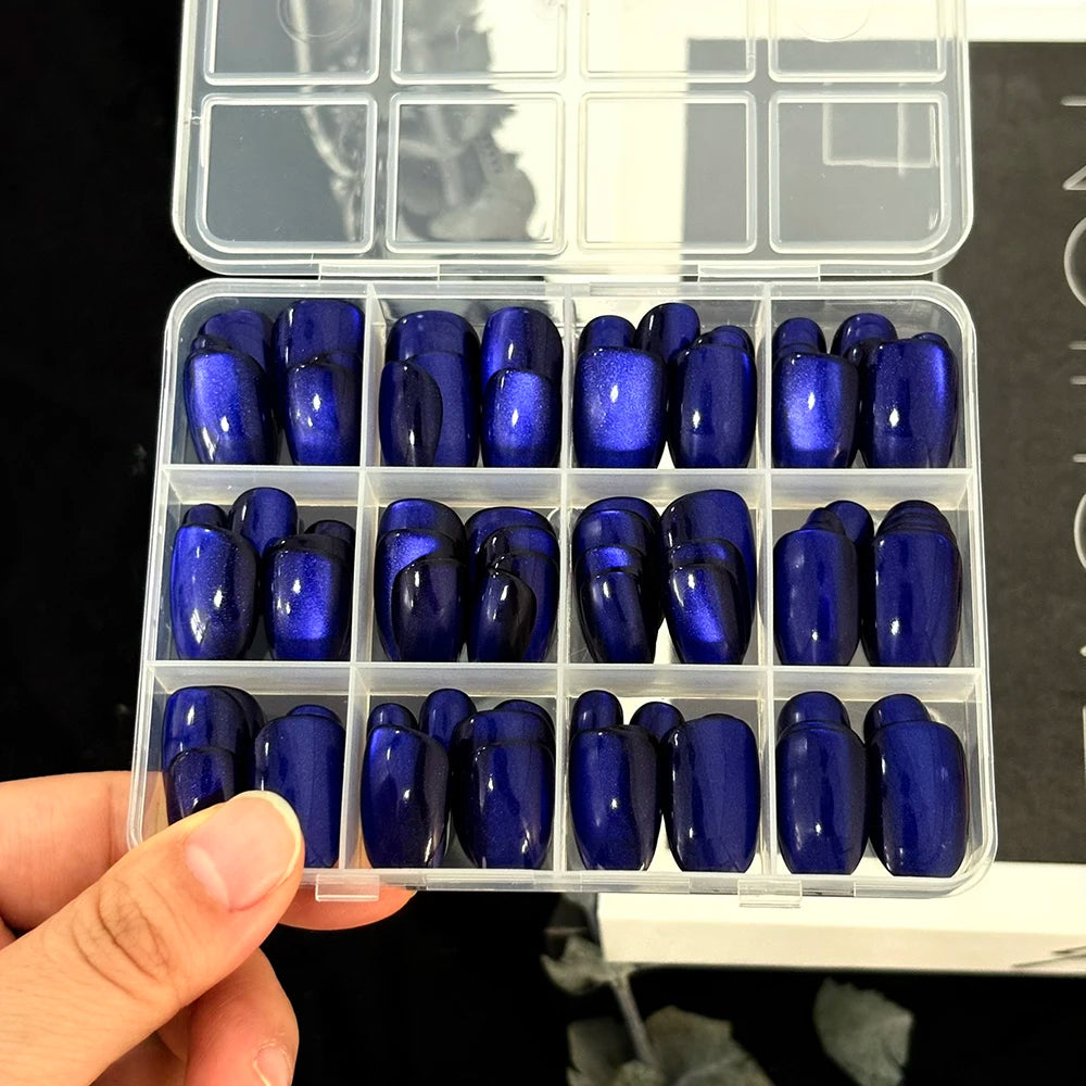 144Pcs Holographic Blue Chrome Press On Nails Iridescent Plating Medium Square Fake Nail for Women Daily Party False Nail Tips D