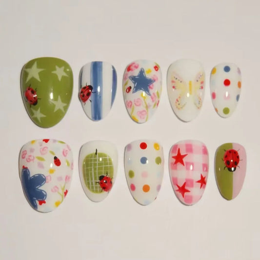 24PCS Almond Press on Nails Ladybug Star Butterfly Print Polka Dot Plaid Stripe Pattern Fresh Summer Style Reusable False Nails