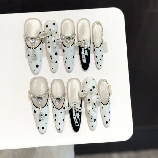 10PCS Stiletto Handmade Press On Nails,Black And White Polka-Dot Ribbon French Bow,Suitable For Festivals Parties And Daily Wear