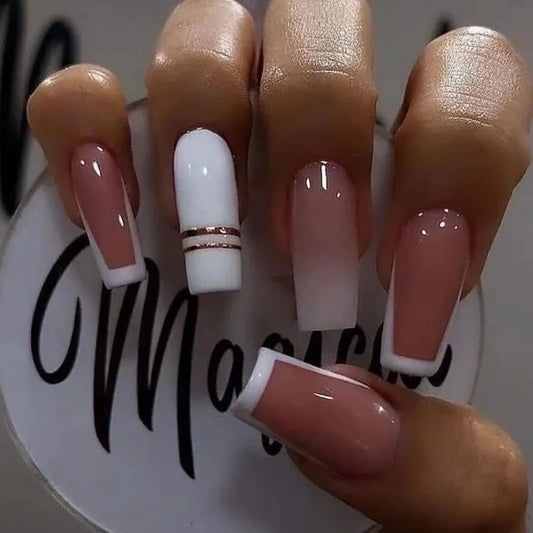 24Pcs Long Square False Nails Press on White Gradient Design Fake Nails Art Rhinestone Wearable Artificial Full Cover Nails Tips