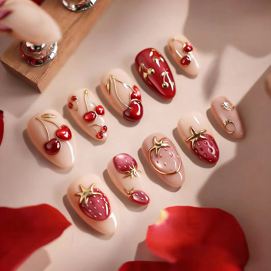 24Pcs Gilded Cat's Eye Design False Nails Press on Cherry Strawberry Fake Nails Mid-length Almond Wearable Full Cover Nails Tips