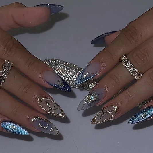10PCS Almond Nail Medium Length 3D Rose Fake Nail, Sunflower Star Heart Nail, Fully Covered Blue Acrylic Fake Nail
