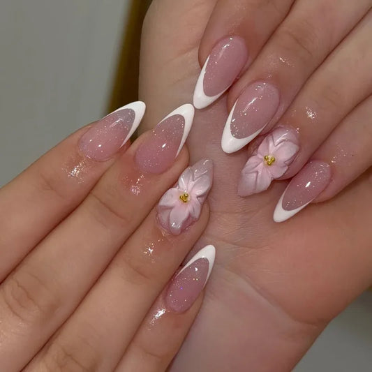 24pcs Flower Design Fake Nails French White Long Almond False Nail Tips Simple Glitter Pink Press on Nails Set Wearable Manicure