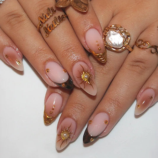 24pcs French Almond Press on Nails Flower Pattern False Nails Wearable Stick-on Nails Fake Nail Накладные Ногти Faux Ongles 네일팁