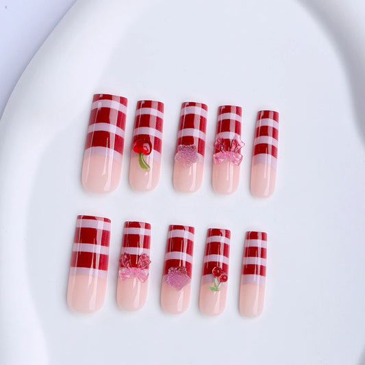 24pcs Sweet Cherry Press On Nails Red Stripes French Style Long Square False Nails With 3D Pink Bowknots Star Decor Fake Nail