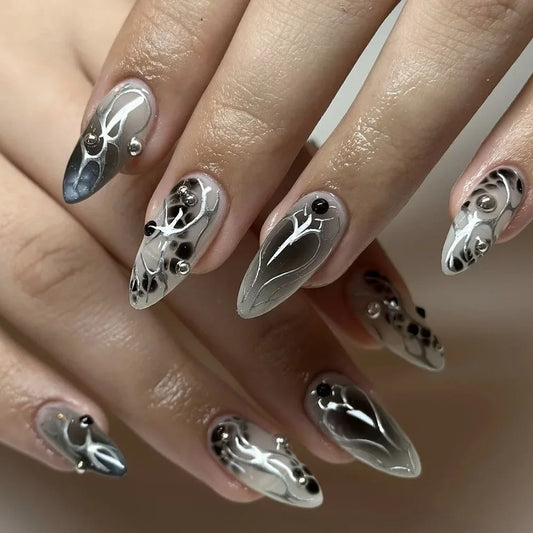 24Pcs Sweet Cool French Full Cover Press on Nails with Glue 3D Stiletto Almond False Nails Metallic Wearable Nail Manicure Tips