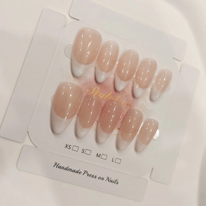 10pcs Handmade Press on Nail Art Classic French Almond Cat-Eye Nude Full-Coverage Nail Tips Detachable Wearable Nail for Women