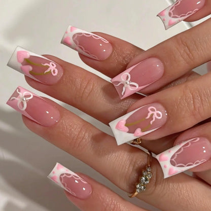 24pcs White French Square Tips Press on Nails Sets Finished Long Ballet Fake Nail Bow Pearl Design Stick on Wearable False Nail