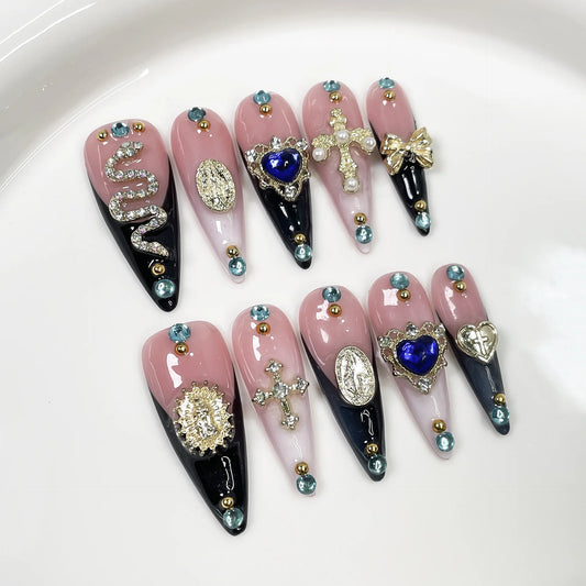 10Pcs Long Stiletto Handmade Fake Nails Tips Vintage Snake Metal Decorative French Spice Acrylic Nails Full Cover Press on Nail