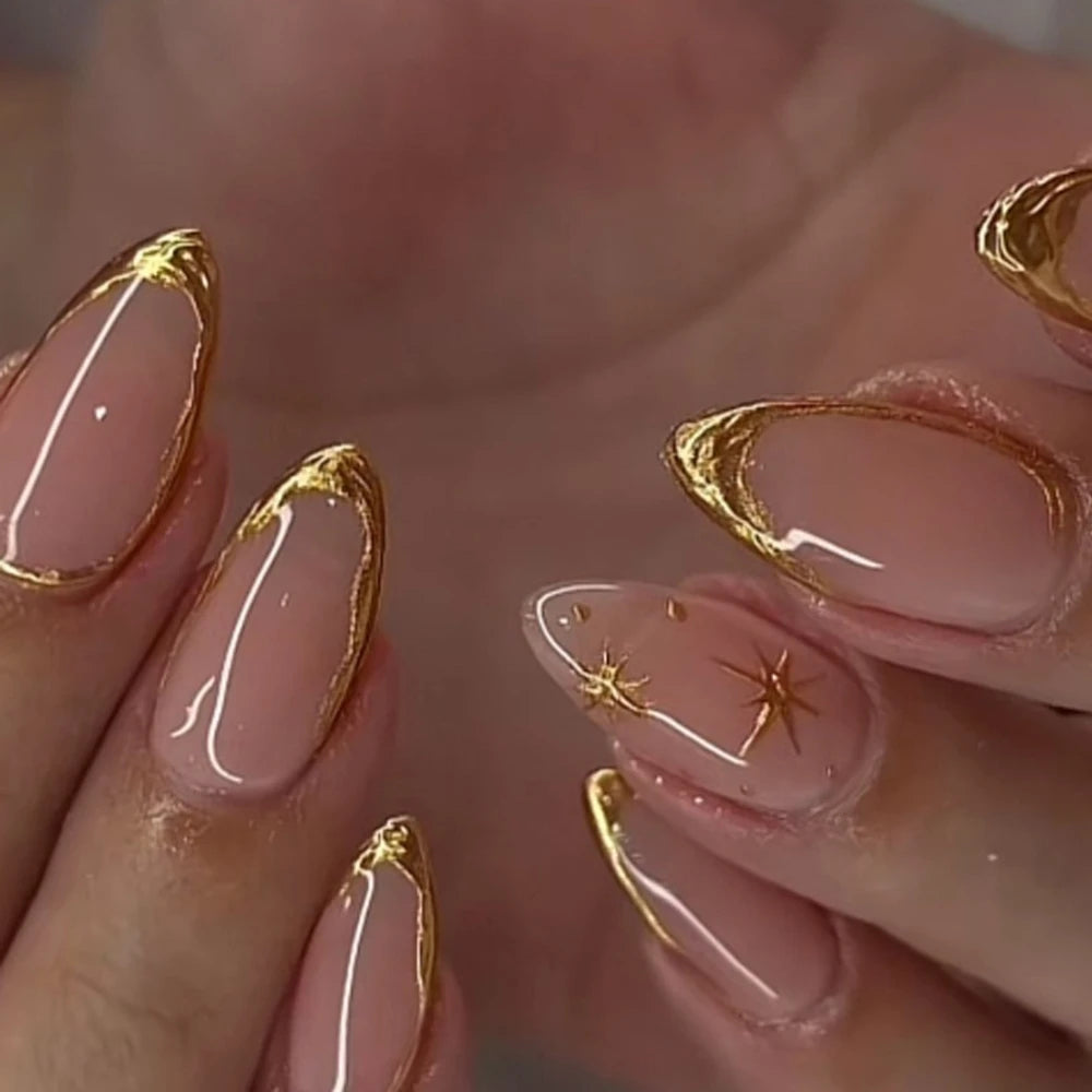 Shiny Rhinestone Stars Golden 3D Line French Nail Art Fashion Wearable Fake Nails Detachable Finished False Nails Press on Nails