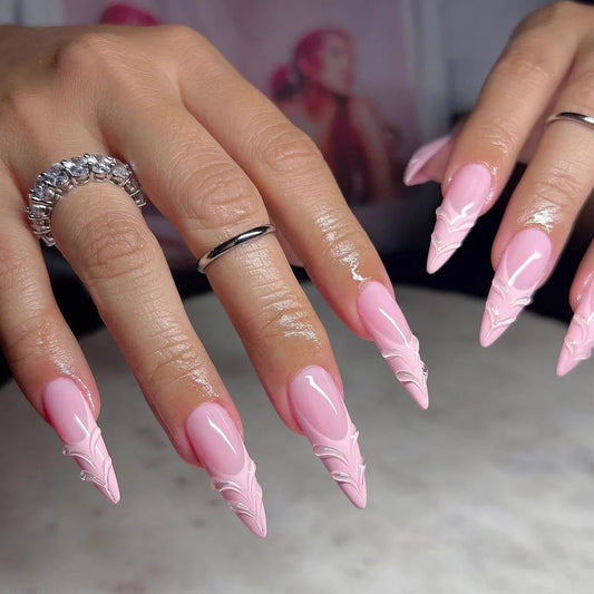 24pcs Pink French Press on Nails 3D Wave Design Almond False Nails Patch Ins Fashion Girl Fake Nails Tips Wearable Full Cover