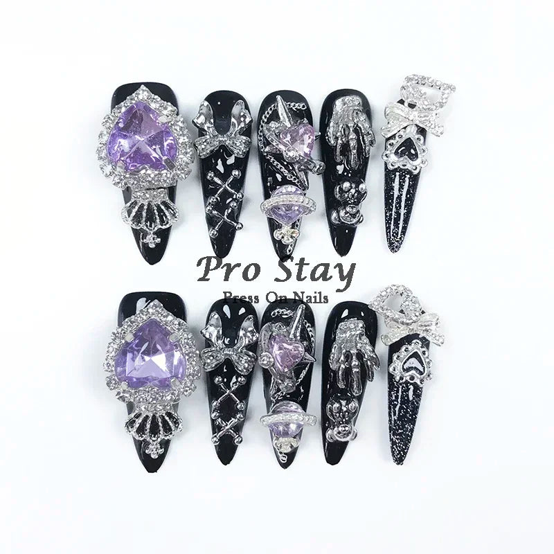10pcs Dark Black Y2k Hot Girl Handmade Press On Nails Sweet Cool With Diamond Metal Decoration Wearable Artificial False Nail