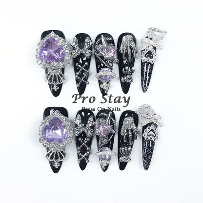 10pcs Dark Black Y2k Hot Girl Handmade Press On Nails Sweet Cool With Diamond Metal Decoration Wearable Artificial False Nail