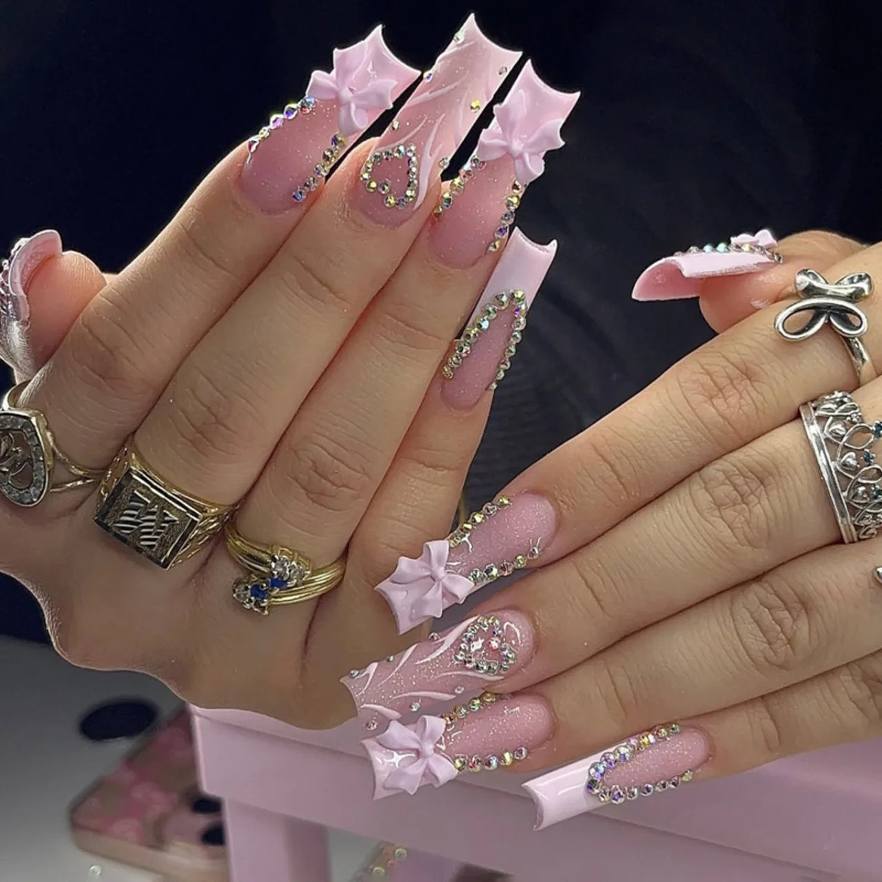 24pcs Long Coffin Nails Tips White French 3D Bow Press on Nails Set Butterfly Flower Stick on Fake Nail Finished Pink False Nail
