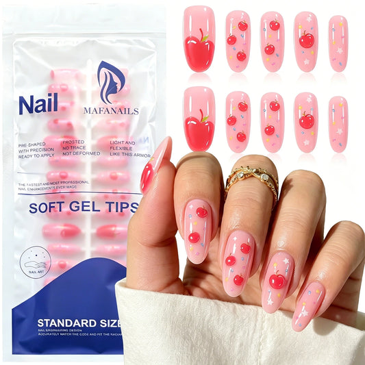 150Pcs Ombre Pink Apple Soft Gel Fake Nail Tips Star Polka Dot Print Almond Press On Nails Summer Fruit Theme False Fingernails