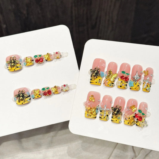 10pcs Handmade Pressed Long Square Nail Art,Nice Fake Nails,Luxurious Yellow Bee Butterfly Diamond Cherry Cross, Sweet And Cool