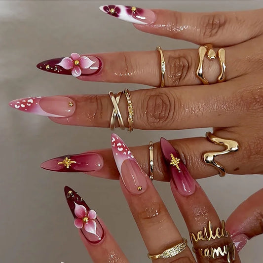 24pcs Long Almond Press on Nails False Nails with Golden Decoration Wearable Stick-on Nails Fake Nail Uñas Накладные Ногти 네일팁