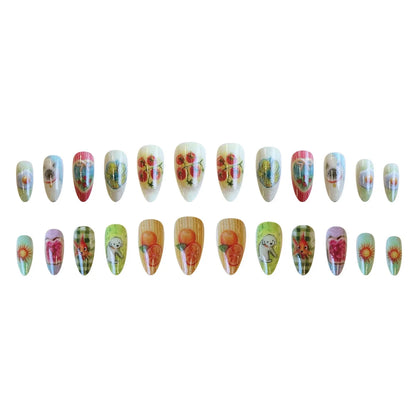 24pcs Cute Cartoon Press On Nails Little Fresh Colorful Oil Painting Style Fake Nails Kawaii Short Almond Fake Nail For Girls