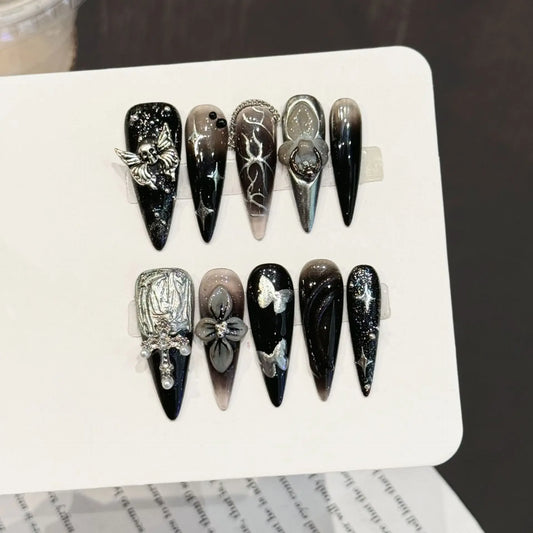 10Pcs Black Rose Mysterious Press on Nails 3D Metal Butterfly Elegant Cat Eye Long Stiletto French Luxury Detachable False Nails