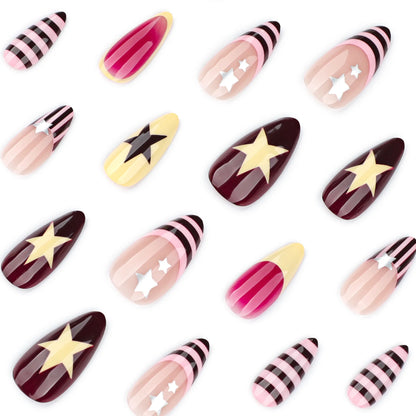 24pcs Colorful Five-pointed Star Press On Nails Red Stripes French Style Y2k Fake Nails Yellow Almond European Fake Nail Tips