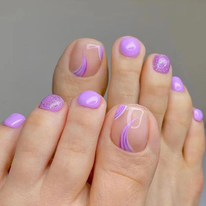 24P Fake Toenails With Glue French Line Glitter False Toe Nails Art Detachable Press On Toenails Acrylic Butterfly ToeNails Tips