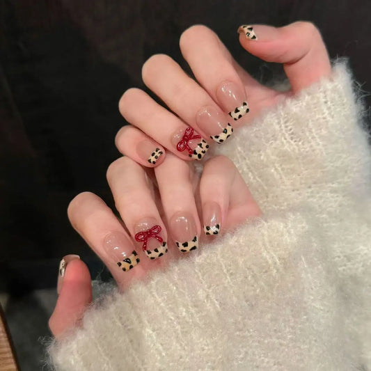 10pcs high-end Leopard print hand-painted three-dimensional bow handmade coffin French tips fake nails