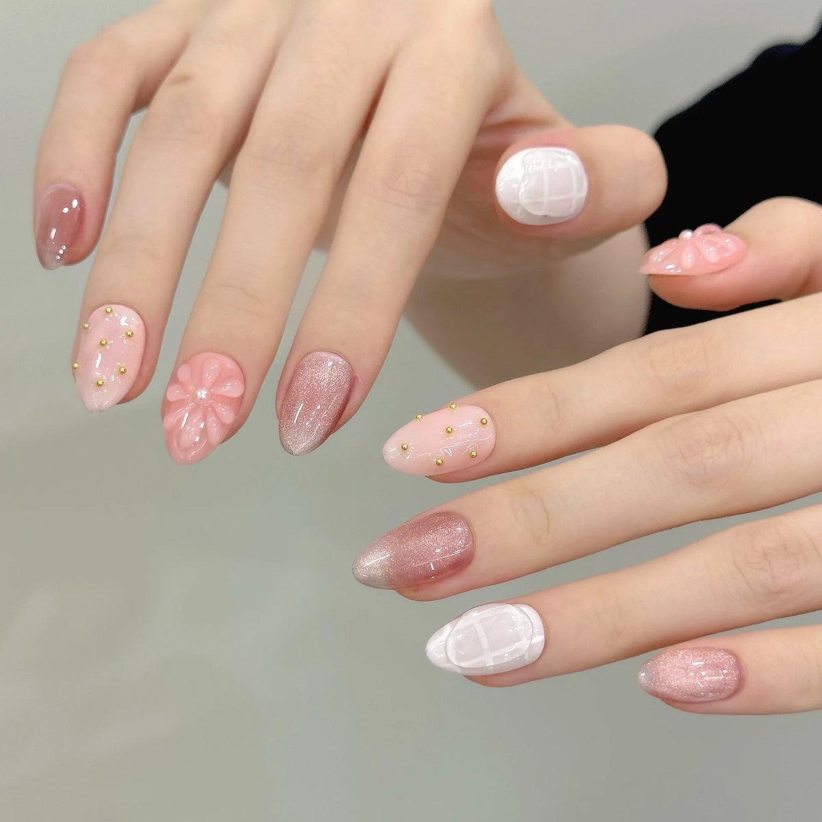 10pcs Handmade Almond Press On Nails Sweet Pink 3D Flower Cat's Eye False Nails Simple Daily Korean Style Fake Nail Manicure Art