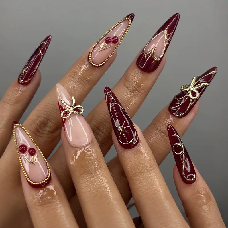 24PCS Stiletto Shape Fake Nails Artistic Color Block Floral Press on Nails Rainbow Dopamine Design European Luxury False Nails