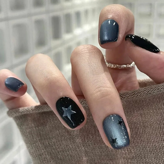 24Pcs Glitter Blue Cat-eye Wearable Gentle Acrylic False Nails Silver Stars Pearls Decorations Short Round Square Cute Nail Tips