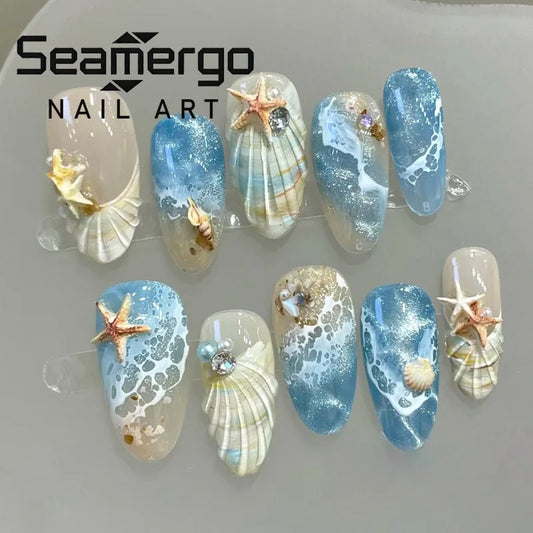 24PCS Blue Ocean Wave Press on Nails Almond Fake Nails with 3D Starfish Shell Rhinestone Details Summer Beach Nail Art Design