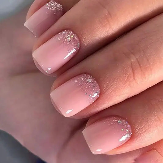 24Pcs Short Solid Color Pink Blush Fake Nail Tips with Jelly Glue Glitter Square Head False Nails Wearable Ballet Press on Nails