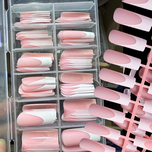 120Pcs/box Matte Pink French Press On Nails Acrylic Long Square Fake Nails Tips Full Cover Women Extension Wearable False Nails-