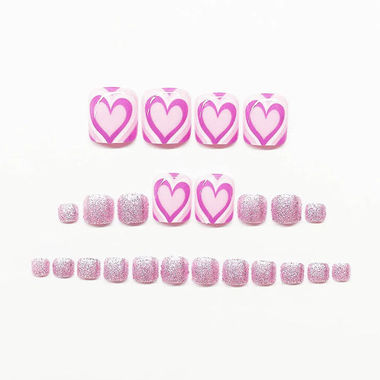 24pcs Shiny Pink False Toe Nails with Love Heart Design Summer Press on Toenails Fashion Sweet Girls Manicure Fake Toenail Patch