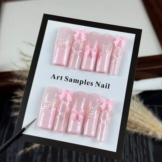10pcs high-end Pink girl style, hand-painted three-dimensional bow, shiny small pearls handmade fake nails