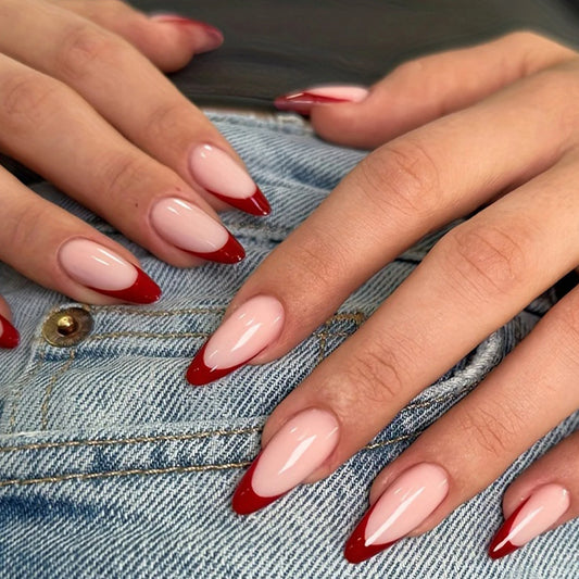 24pcs Instantly Upgrade Your Look With Red French almond full-coverage false nail set 1pc Nail File & 1Nail Glue Sticker Kit Nai