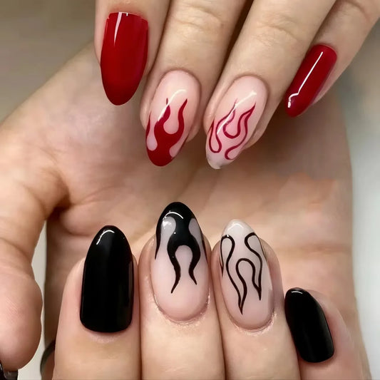 24pcs Red Black Flame Fake Nail Tips Halloween Glossy Almond Press on Nail Wearable Detachable European Spicy Girls False Nails