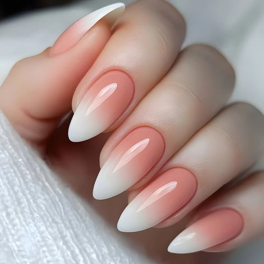 24pcs Simple French Fake Nails Art Gradient Pink Short Almond False Nail White Tips Press on Nails Shiny Powder Design Manicure