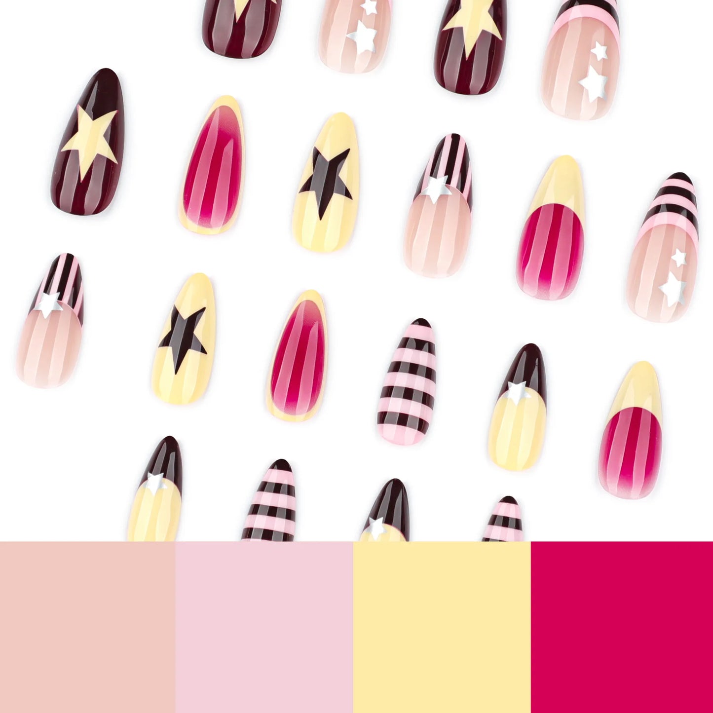 24pcs Colorful Five-pointed Star Press On Nails Red Stripes French Style Y2k Fake Nails Yellow Almond European Fake Nail Tips