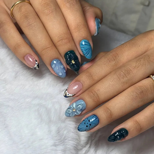 24Pcs Mid-length Almond False Nails Star Smudge French Wearable Press on Fake Nails Blue 3D Flower Design Full Cover Nails Tips