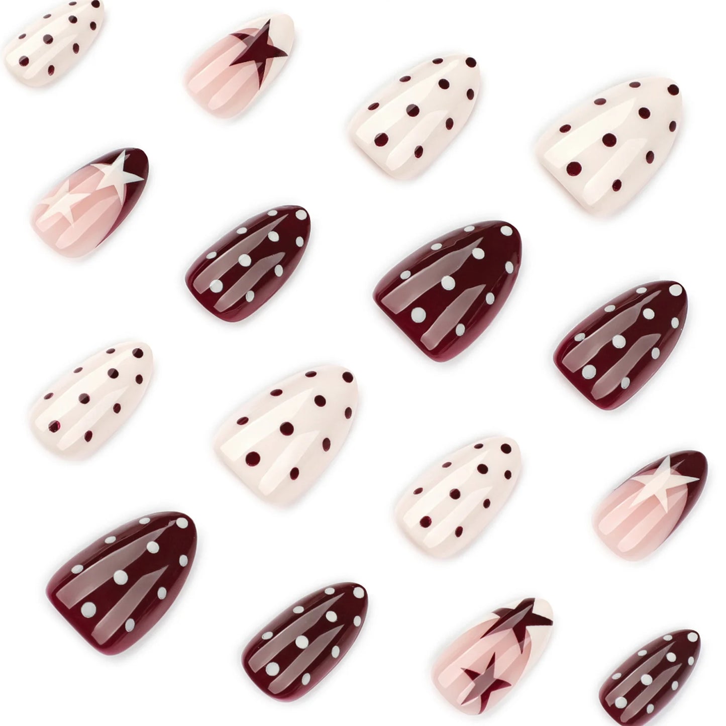 Y2K Girls Almond Fake Nails 24Pcs French Press On Nails Red/White Five-ponited Star/Polka Dot Printed Summer DIY Manicure