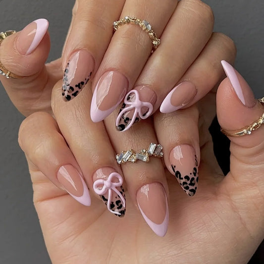 24Pcs Leopard Print French Press on False Nails Short Almond Full Cover Nails Tips with 3D Pink Bow Reusable Finished Fake Nails