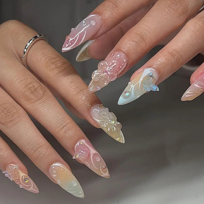 24pcs Long Almond Press on Nails Gold Bow Fake Nails Cherry Pattern False Nail Artificial Tips Накладные Ногти Uñas Postizas 네일팁