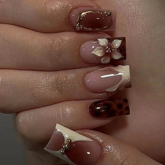 Short square fake nails for women girl fashion brown leopard print with 3D embossed flower bow frame press on acrylic false nail