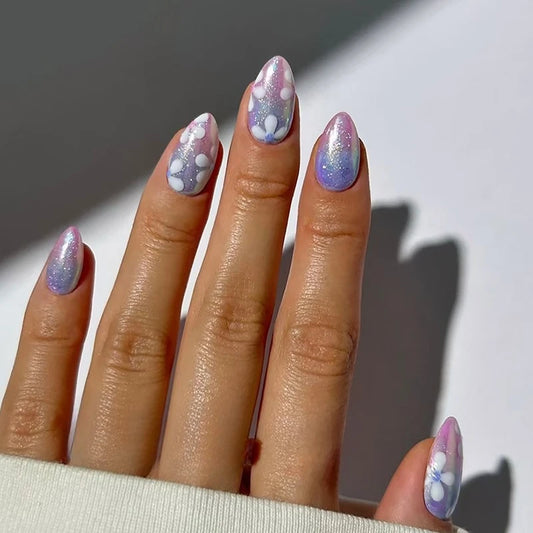 24Pcs False Nails Short Artificial Nails Floral White Decorative Patterns Gradient Cat-eye Detachable Nail Stickers Simple Nails