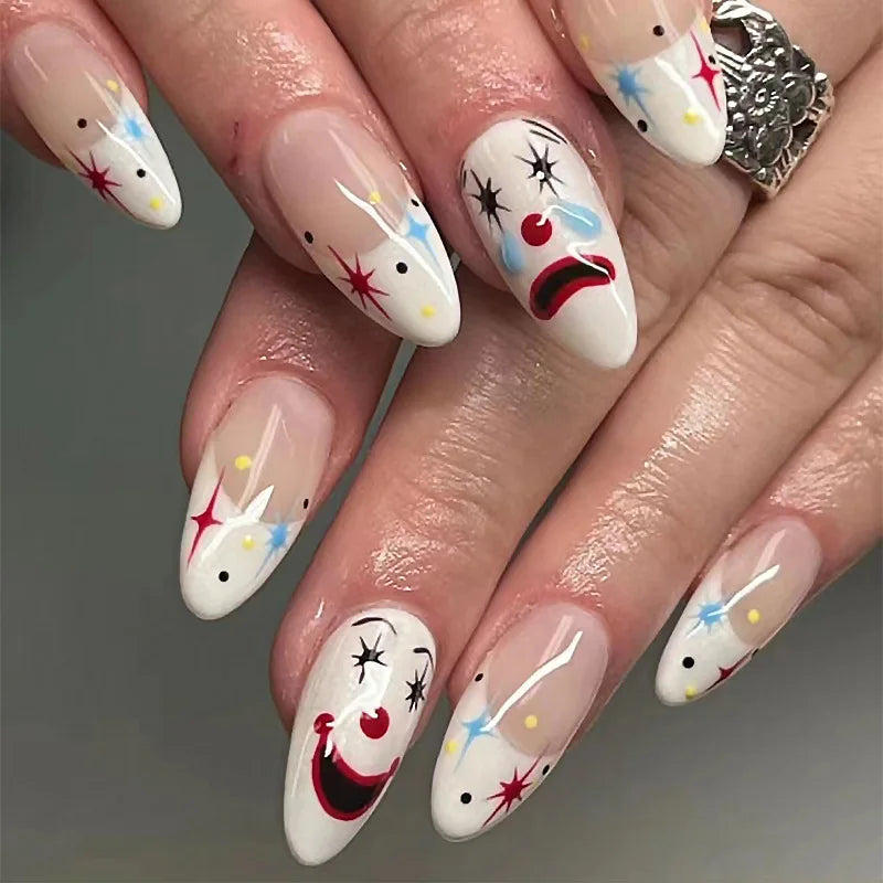 24pcs Long Almond Press on Nails Gold Bow Fake Nails Cherry Pattern False Nail Artificial Tips Накладные Ногти Uñas Postizas 네일팁