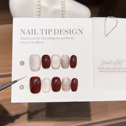 10Pcs Short French Wine Red Handmade Press on Nails Full Cover Retro Cat Eye Design False Nails Set Ballerina Wearable Manicure