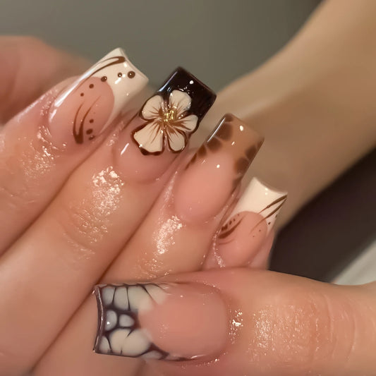 24Pcs Medium Length Coffin False Nails French Tips Press On Nails Fairy Flower Designs Spicy Girls Charms Fake Nails Patches